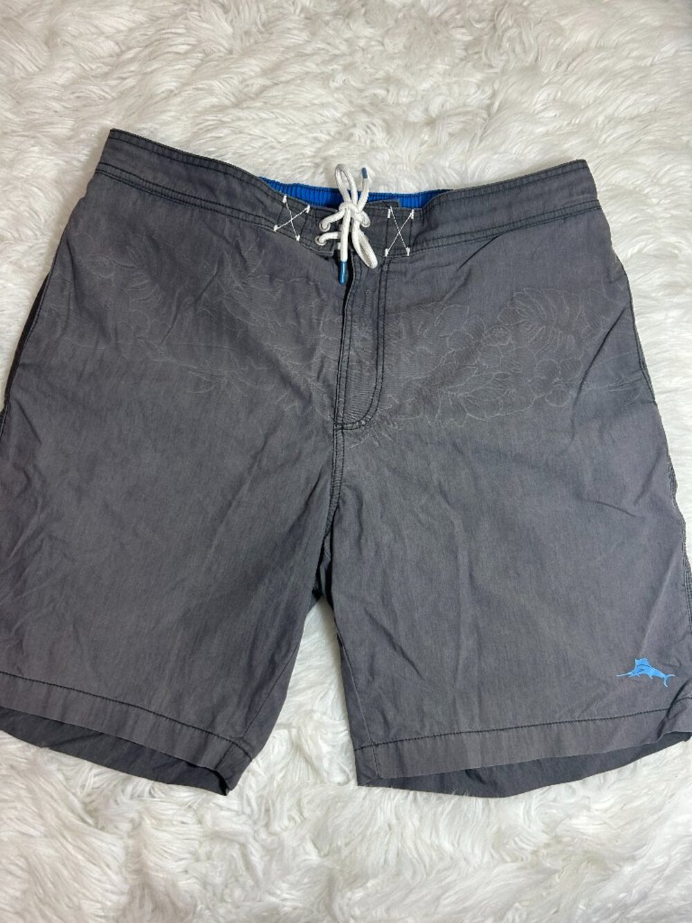 Tommy Bahama men's large Relax Swim Trunks gray with subtle palm print elastic